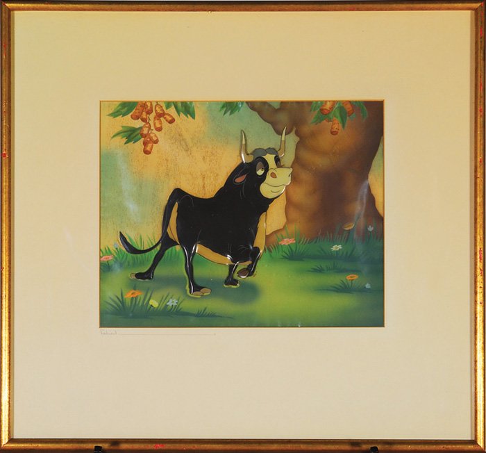 Original Disney animation cell, “Ferdinand”: Walt Disney Studios original animation cell from the 1938 production of “Ferdinand the Bull”. The image is of the benevolent Ferdinand taking delight in his environment while under the shade of a 