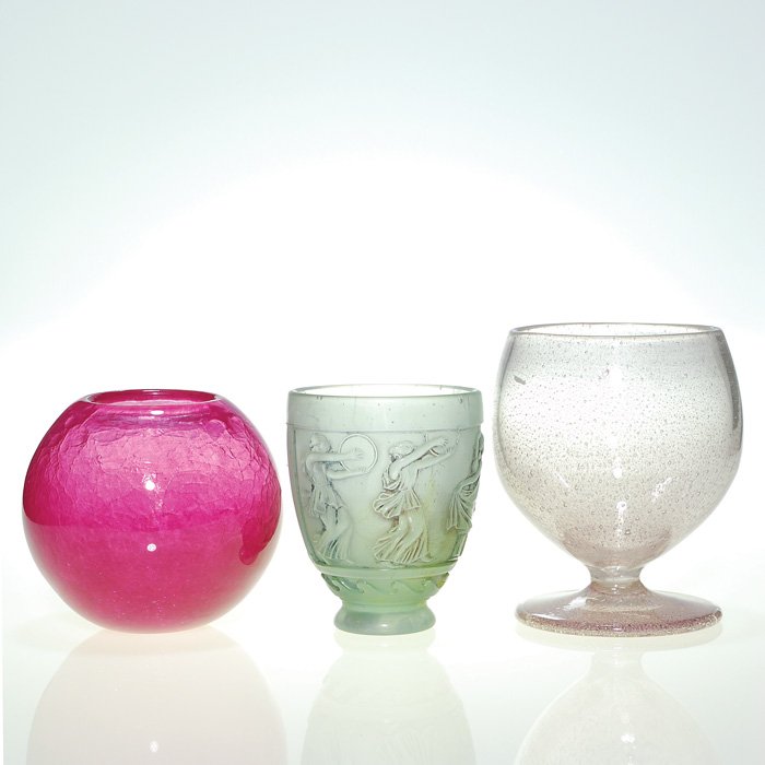 3 French vases: Leon Mairesse; Georges deFeure: Three European vases: 1) 5 1/4 inch rose bowl in carmine pink displaying a craquelle interior, engraved “France” on the bottom. 2) 7 inch lilac Belgium compote by Léon Mairesse effervescent with 