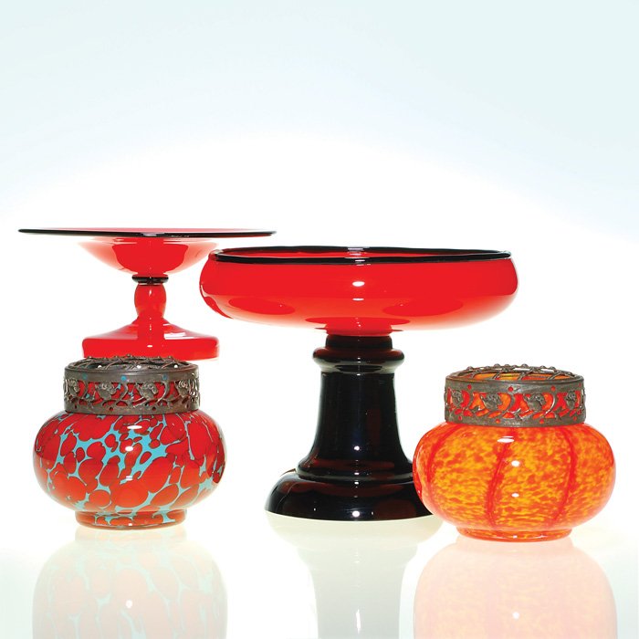 Czechoslovakia Tango 4 piece group, marks: Four piece Czechoslovakian Tango group: 2 Mandarin red and black pieces consisting of a 6 1/2 inch by 7 1/2 inch compote on black standard and a 3 1/2 by 6 3/4 inch tazza. Combined with two delightful