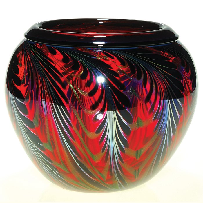 C. Lotton vase, ruby, black-silver feather, 7”: Nice Charles Lotton vase displaying jet black and silver fern fronds cascading the ruby red form connected by green aventurine ribbons pulled across the surface. Height 7 inches, diameter 9 inches. Th