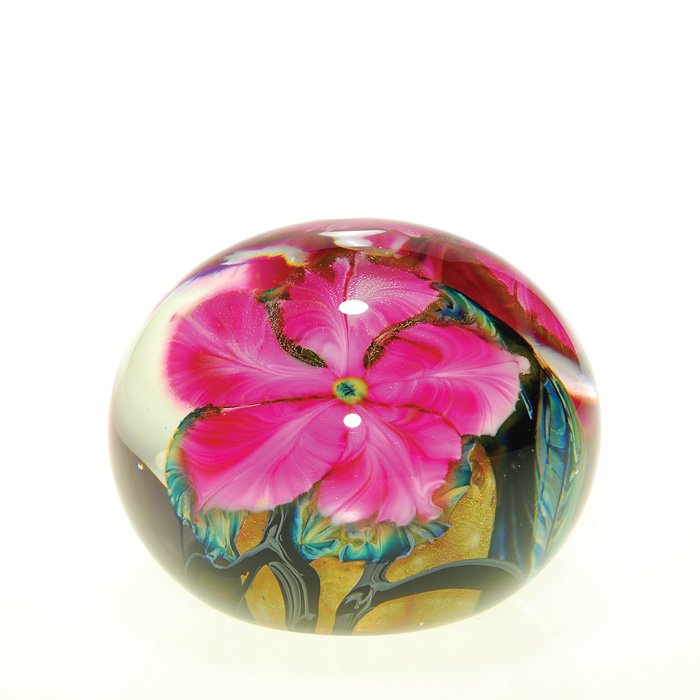 David Lotton paperweight, Coral Clematis, 3”, sig: David Lotton paperweight containing twin coral clematis among variegated blue gold foliage that surround a tawny rainbow textured core. Height 3 inches. The artist signature, title and 1990 year creat