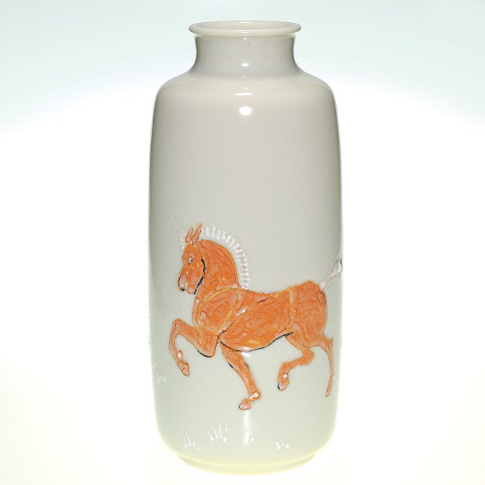 Rookwood Wax Mat 14” vase, Wareham horses, “S”: Wax Mat lamp vase decorated by John Dee Wareham on a “Special” shape featuring a prancing Clydesdale horse and some small trees and grasses, done in 1938 allegedly for Augustus Busch, of the Anheu