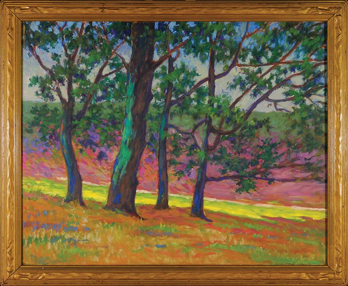 Rookwood artist Wm. McDonald, oil trees/river: Oil on canvas painting featuring trees along the river bank, the river, the trees and the landscape done in bolder colors than usually seen, perhaps due to the emergence of Fauvism. Signed by the arti