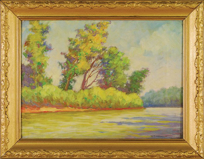 Rookwood artist Wm. McDonald oil, bend in river: Oil painting on canvas showing a bend in the Little Miami River on a Summer’s day, nicely composed by Rookwood Pottery artist William P. McDonald. Signed by the artist in the lower right hand corner