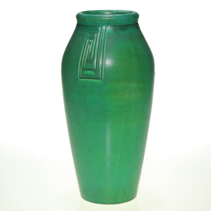 Large Rookwood Z-line 12 5/8” vase, 1902, 192 EZ: Z-line vase made in 1902, having repeating linear design and covered with the mat green glaze. Impressed with the Rookwood logo, the date and shape 192 B Z. No crazing with some very minor pinpoint gl