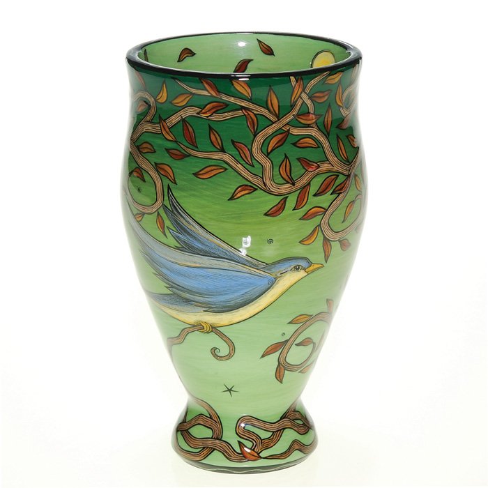 Terri Kern “Northern Light”, bird, 5 1/8”, signed: Fine Terri Kern vase titled “Northern Light” depicting a solitary birdingtake flight from beneath a foliaged tree, a full moon lighting the way shown on the obverse. Height 5 1/8 inches. Terri’s