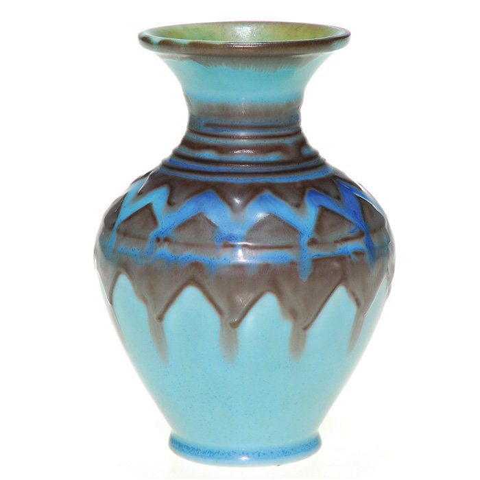 Rookwood mat 5 1/2” vase, Barrett, geometric: Mat Moderne vase decorated by Elizabeth Barrett in 1931 with geometric designs in thick brown slip on the mat blue ground. Impressed with the Rookwood logo, the date, shape 6148 and a fan shaped esote