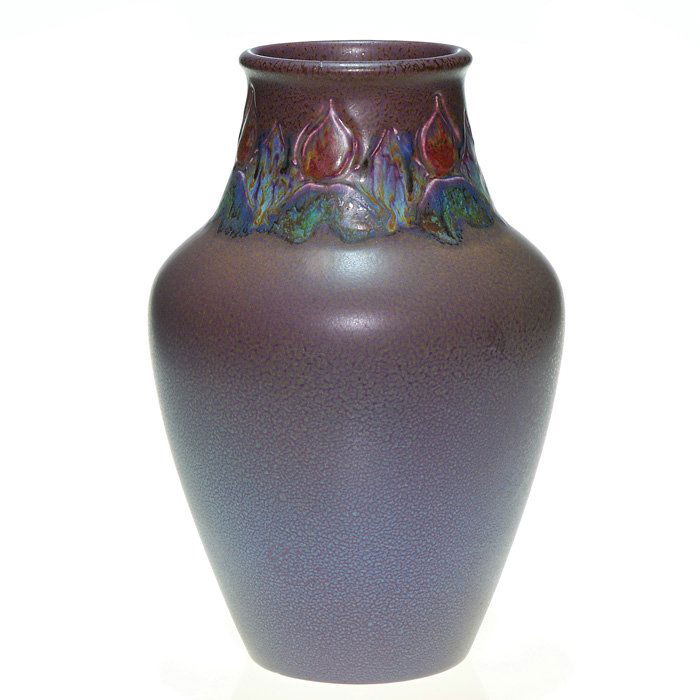 Rookwood mat incised flowers, Todd, 1917, 11 7/8”: Colorful Rookwood mat glaze vase with incised and painted floral decoration done by C.S. Todd in 1917. Marks include the Rookwood logo, the date, shape number 270 and Todd’s boldly incised initials.