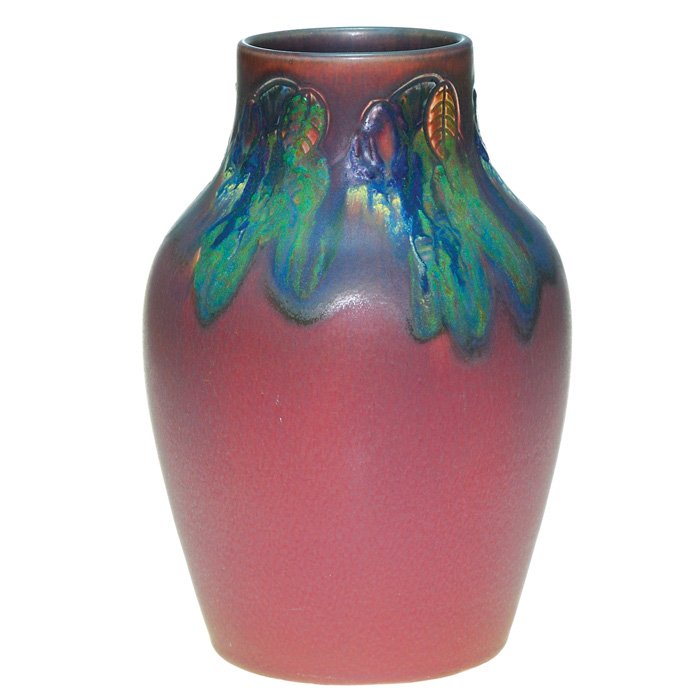 Rookwood carved mat 11 3/8” vase, Todd, 1919 : Mat vase decorated by Charles Todd in 1919 by carving and then painting flowers around the shoulder of the vessel. Impressed with the Rookwood symbol, the date and shape 1007 C and incised with Mr. To