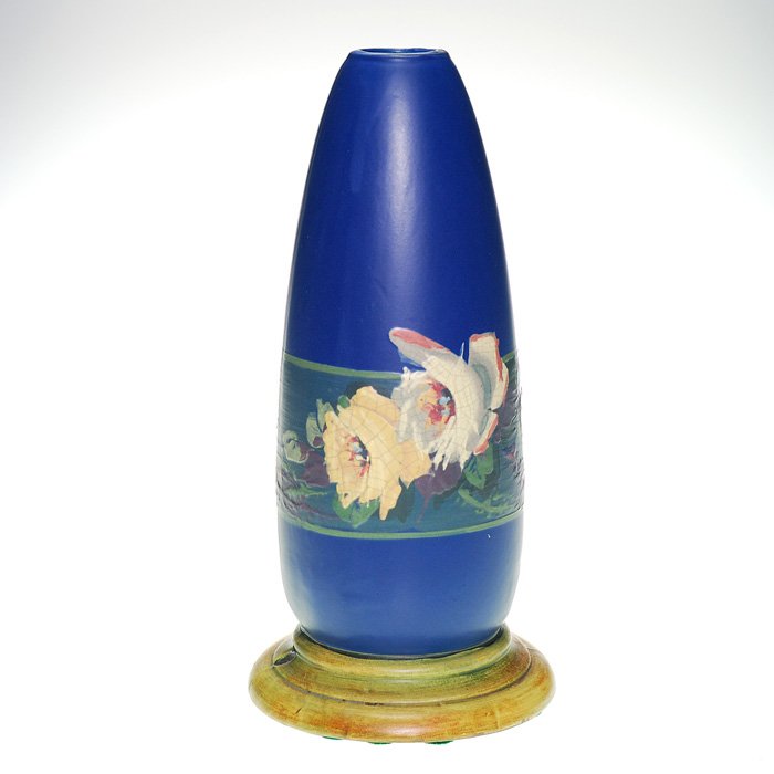 Weller Blue and Decorated lamp vase, roses, 11 3/4”