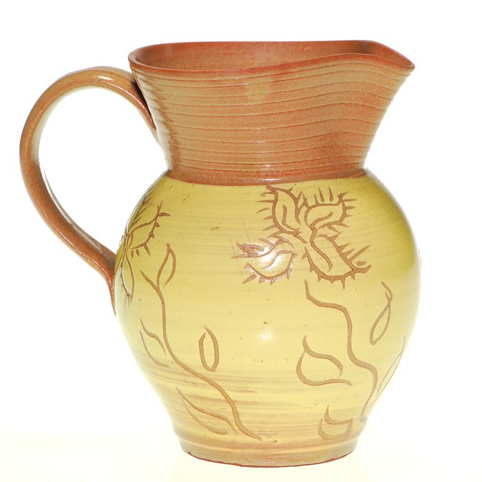 Early Scheier pitcher, sgraffito decoration, 5 3/4”: Early red clay Edwin & Mary Scheier 5 3/4 inch pitcher sgraffito decorated with a flower design. Incised “Scheier” on the bottom. Excellent original condition. Pictured and discussed in Forster, �