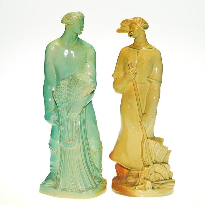 Pioneer Man + Woman figurals, Nils Hanson, 14 3/4”: Pioneer Man and Woman, two Cleveland Federal Art Project figures done by Nils Hanson in 1937. Both pieces bear multiple ink stamp notations “Federal Art Project # 1” and the man is incised inside 