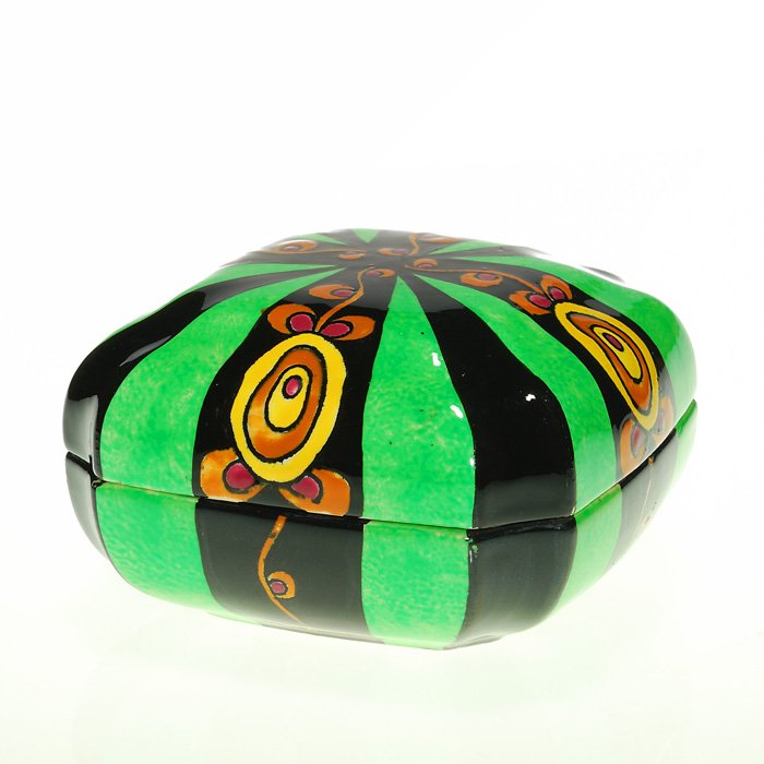 Boch Freres covered box, floral, green & black, 3”X5”: Boch Freres covered box with colorful Art Deco floral and ray designs in green, black, maroon, orange and yellow. Marked with the “Boch Freres La Louviere” black ink stamp logo. Height 2 7/8 inche