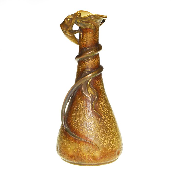 Amphora vase, Sea Dragon, 15 1/2”: Impressive Amphora Works (Riessner & Kessel) vase having a Sea Dragon coiled around its body with its mouth resting on the top of the rim. Marked with the Riessner & Kessel crown logo along with ovals