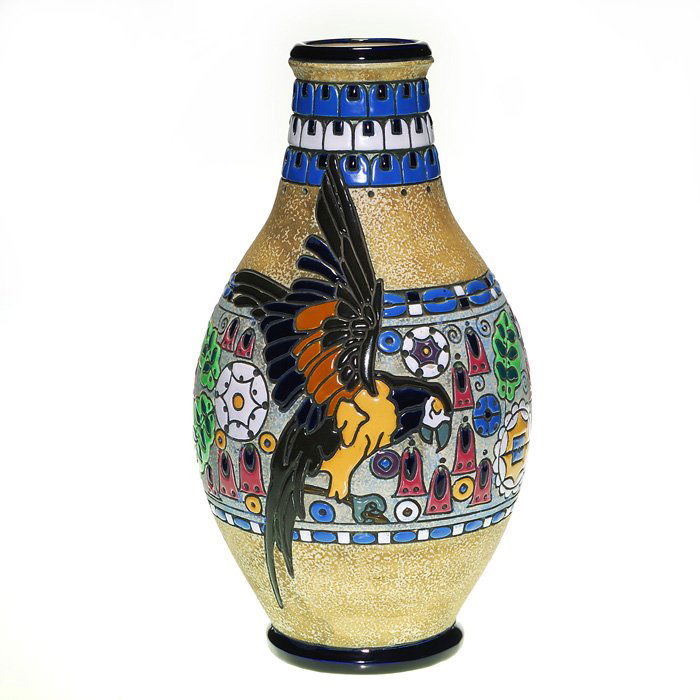 Tall Czech Amphora vase, parrot, 17 1/2”