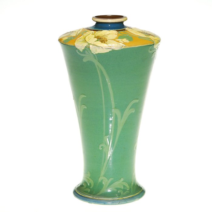 Minton vase, Art Nouveau yellow poppies, 10 3/4”: Handsome Minton vase with slip decoration of bright yellow poppies on the shoulder and long green stems on the body. Marked only with the Mintons England ink stamp logo with world and crown along with