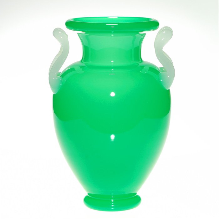 Steuben Jade vase, Alabaster handles, 10 3/4”, sig: Good Steuben green Jade vase graced with a shapely pair of Alabaster “M” handles. Height 10 3/4 inches. Acid stamped with the factory script signature. Handsome with nice deep color and in excelle