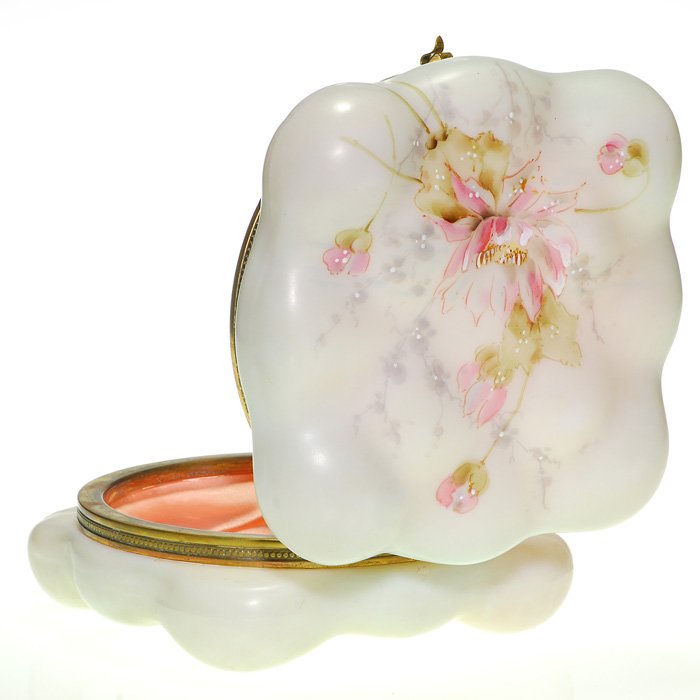 Wavecrest egg crate dresser box, 3 1/2”X7”: Good Wavecrest dresser box handsomely decorated with a large pink water lily surrounded by budding flowers and flowering sprigs in the shadows thriving over an antique white “egg crate” form and h