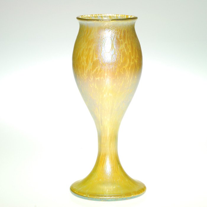 Loetz Candia Papillon chalice vase, 9 5/8” : Loetz Candia Papillon chalice form vase highlighted with blue iridescence. Height 9 5/8 inches. Nice simplistic form. Excellent condition.