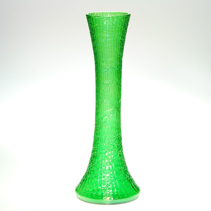 Loetz “Chine” vase, 15 1/2”: Tall and slender Loetz “Chine” green vase with a nicely threaded surface and good sheen. The upper portion of the vase displays a nice iridescent blue band. Height 15 1/2 inches. Excellent beautif