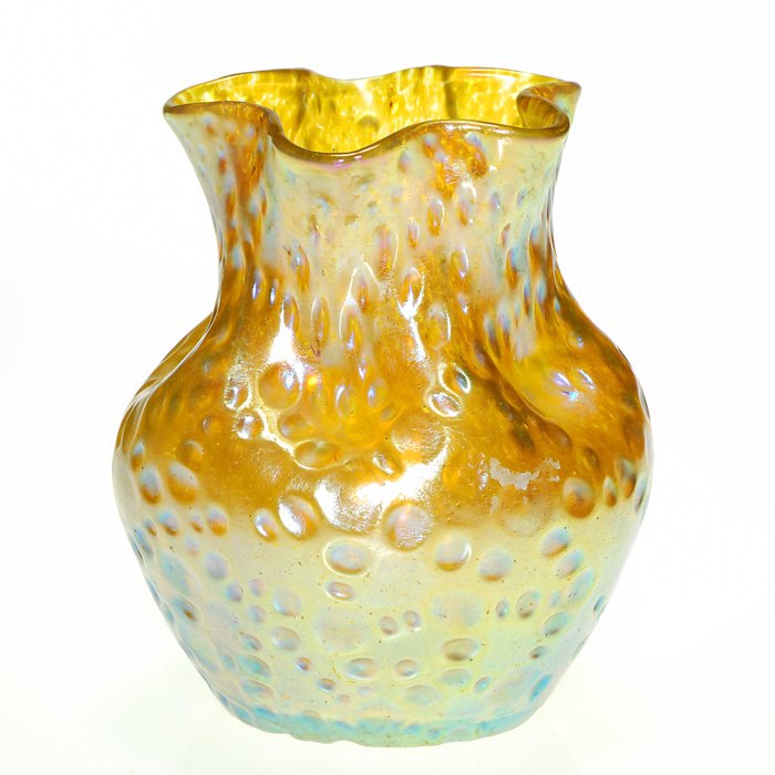 Loetz “Diaspora” Candia Silberiris vase, 4 1/2” : Loetz Candia Silberiris vase nicely covered with the Diaspora pattern. The shoulder is pressed-in with thumb size “dimples” and neatly scalloped with a star-form rim. Height 4 1/2 inches. Excellen