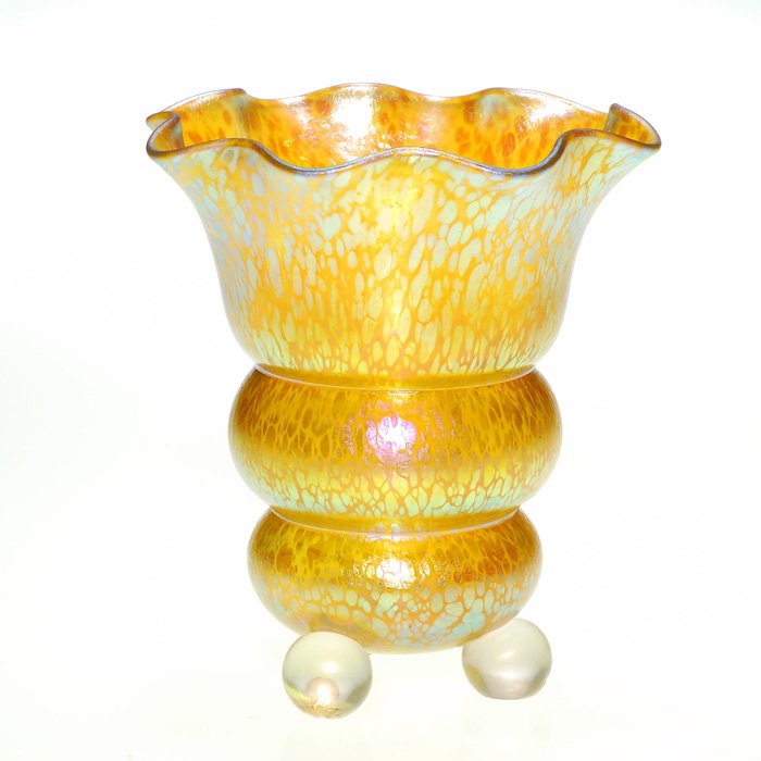 Loetz Candia Papillon vase, ball feet, 5 1/4”: Shapely Loetz Candia Papillon vase with a nice scalloped rim and elevated by three marble size ball feet. Height 5 1/4 inches. Pretty and perfect!