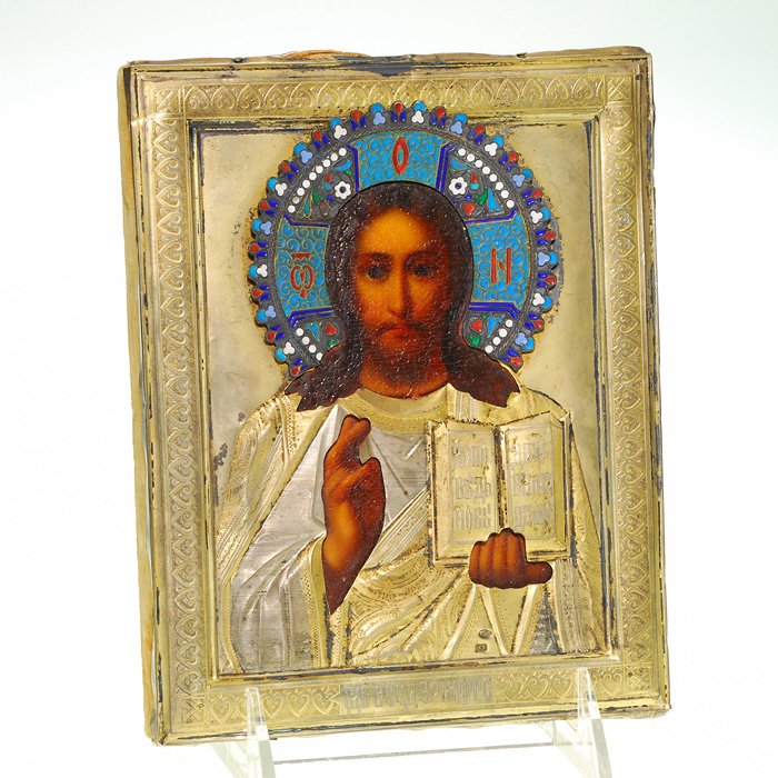 Russian Icon, Jesus, 7 1/4”X5 1/2”: Several of lots 504 through 527 are part of a group of Russian items consigned by a prominent Cincinnati family. All may have been purchased from the Armand Hammer Sale of Imperial Russian items held