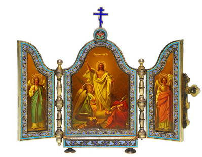 Russian Icon Triptych, Resurrection, 6”; wood case: Several of lots 504 through 527 are part of a group of Russian items consigned by a prominent Cincinnati family. All may have been purchased from the Armand Hammer Sale of Imperial Russian items held