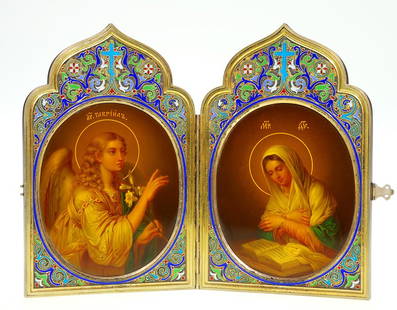 Russian Icon duptych, Holy figures, 6 1/4”,wood case: Several of lots 504 through 527 are part of a group of Russian items consigned by a prominent Cincinnati family. All may have been purchased from the Armand Hammer Sale of Imperial Russian items held