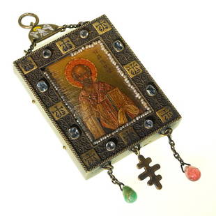 Russian Icon “St Nicholas Wonder Worker”,2 1/4”X2 3/4”: Several of lots 504 through 527 are part of a group of Russian items consigned by a prominent Cincinnati family. All may have been purchased from the Armand Hammer Sale of Imperial Russian items held