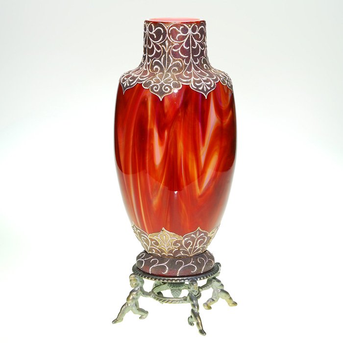 Rare Loetz “Marmoriertes Karneol” vase, Turin base: Impressive Loetz “Marmoriertes Karneol” vase lavished with textured tapestry neatly draping the collar and base areas and richly decorated with enamel and gold designs. A tantalizing opaque pink c