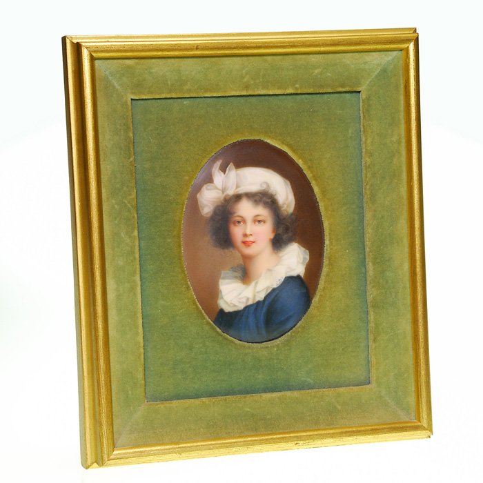 Vigée Le Brun porcelain portrait, young woman, 3 1/2”: Berlin porcelain plaque with the portraiture of the famous French artist Elizabeth Louise Vigée Le Brun. Sight measurement 3 1/2 inches by 4 1/4 inches. Wood fame with velvet mat measures 8 1/2 inche