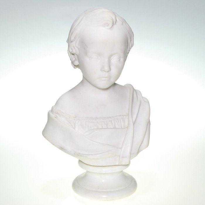 Marble statue of young girl, T. Ball, 1853, 20”: Marble life size bust carved as a sweet looking Victorian girl with short curly hair, wearing a lacy bodice, her shoulders draped with a shawl. She is poised upon an onyx base, the combined height bei