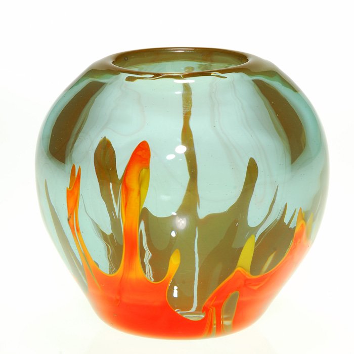 Nick Labino glass vase, reds, yellows, clear, 3 1/4”