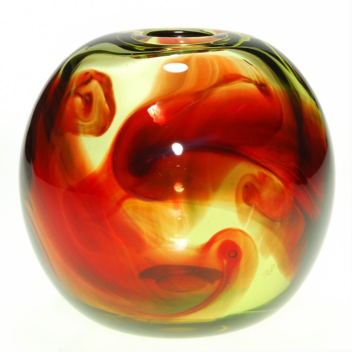 Dominick Labino ruby, green vase, 4 1/4”,signed, ‘70
