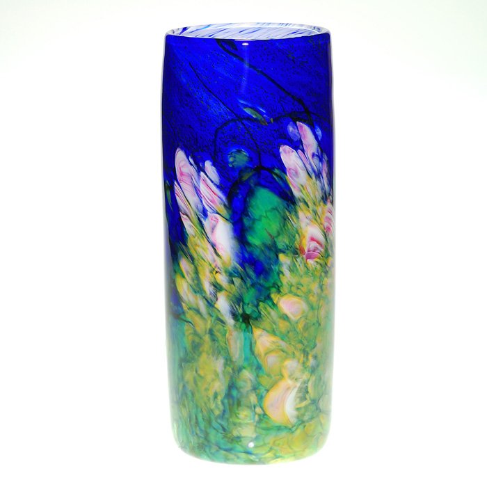 Fields & Fields vase, Monet floral, 9 1/2”, signed: Heather Fields & John Fields cased vase styled with a illusionist flower garden in the romantic fashion of Monet. A wonderful white and amber spatter interior is cased within. Height 9 1/2 inches. Eng