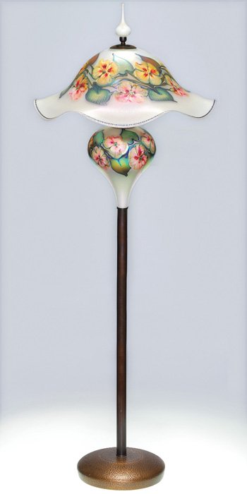 Charles Lotton Multi Flora floor lamp, 1993, 66": Seldom seen Charles Lotton “Multi Flora” floor lamp dated 1993. Classical in design featuring large wreaths of pink flowers and green foliage over a pleasing opalescent white. Combined height incl