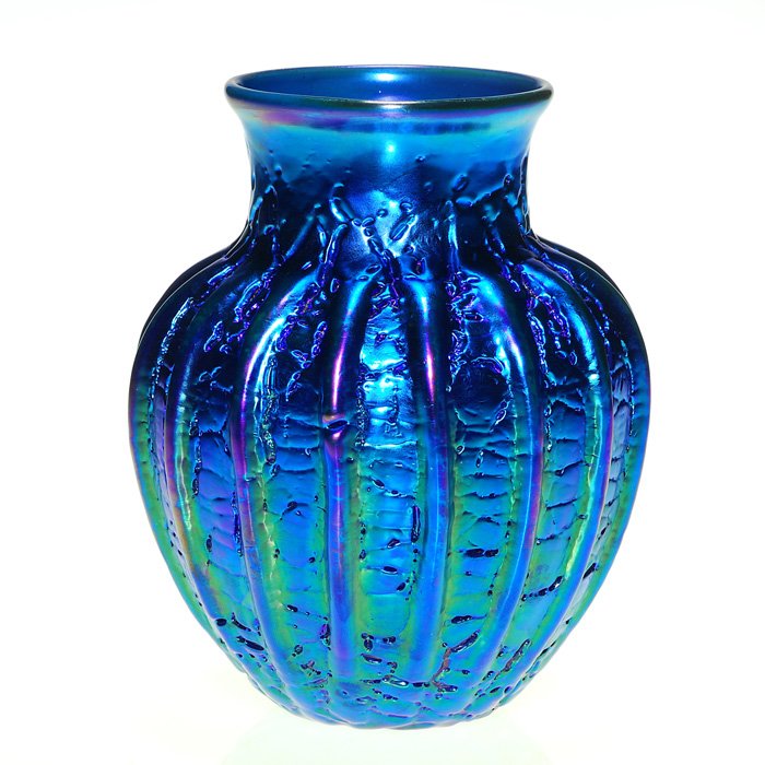 Orient & Flume vase, trendrils, Smallhouse, 6”,signed: Orient & Flume gourd vase, intense blue with tendrils caressing the craquelle body, the artistic efforts of David Smallhouse. Height 6 inches. Engraved with the artist and company name and registratio