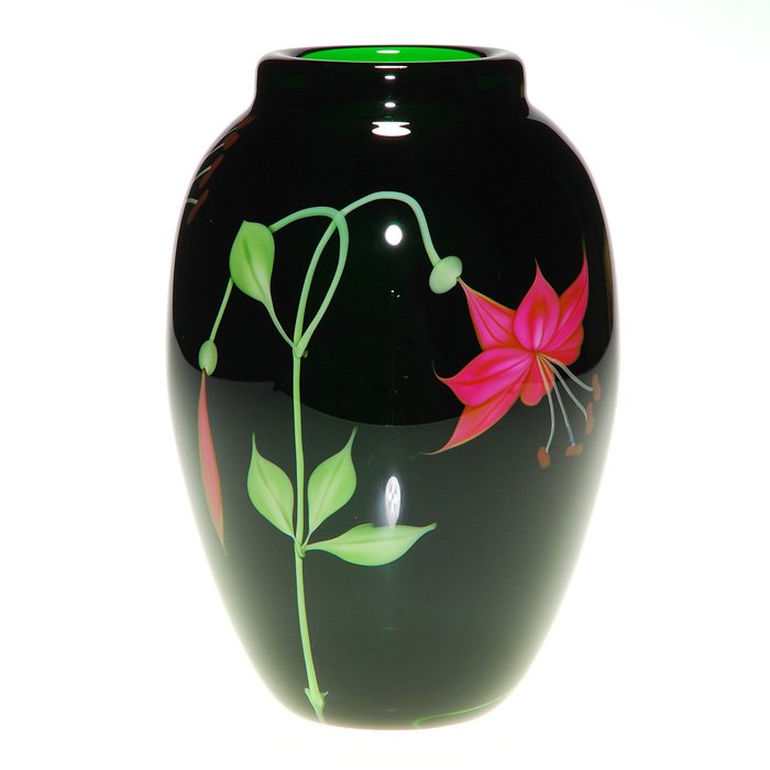 Orient & Flume-like vase, fuchsia, 6”: Orient & Flume-like vase showing pink fuchsia plants beaming against black. Height 6 inches. Spurious Tiffany mark. Excellent condition.