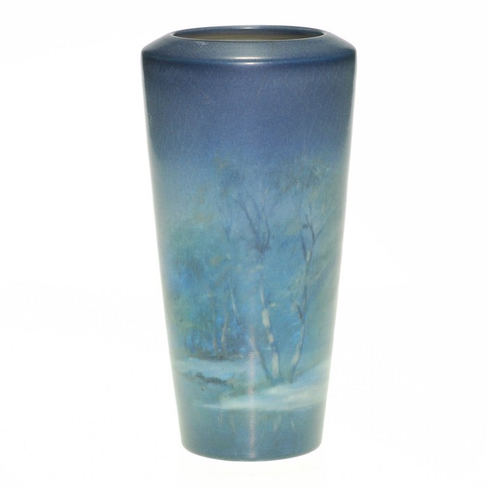 Rookwood snow scene Vellum vase, FR, 1922, 7 1/4” 