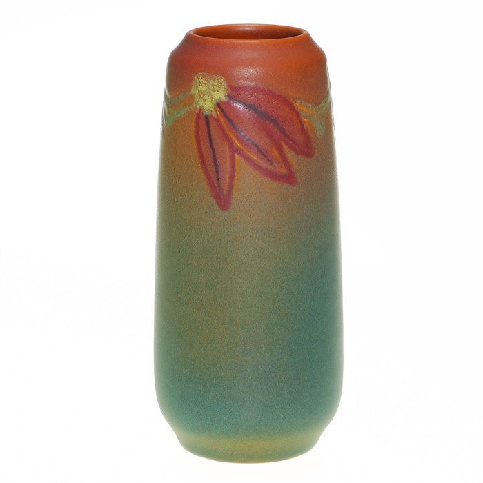 Rookwood Mat, Charles Todd, 1913, 7 1/2” floral: Modeled and painted mat vase decorated in 1913 by Charles Todd, who lightly modeled and painted clematis which encircle the upper portion of the vessel. Impressed with the Rookwood symbol, the date an