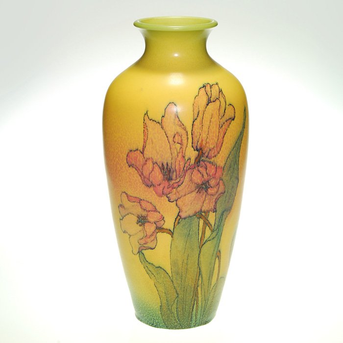 Large Rookwood Mat floral vase,LNL? 1928, 15 3/4”: Large Rookwood Decorated Mat vase with pink tulips on a bright yellow ground, done in 1928, most likely by Elizabeth Lincoln. The flowers are nicely detailed and encircle the vase. Marks include the c