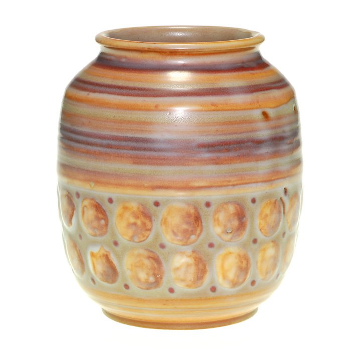 Rookwood Mat vase, geometric, 6 1/8”, Rehm : Rookwood Wax Mat vase displaying a design of round pebbles and horizontal lines done by Wilhemina Rehn. Height 6 1/8 inches. Impressed with the Rookwood logo, the 1944 date, 6194 D shape and the incis