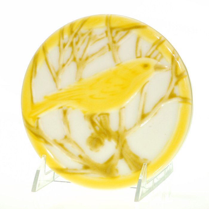 Rookwood trivet. bird on branch, 6”, 1927: Rookwood 6 inch round trivet with a yellow bird perched on brown branches against a white ground, done in high glazes. Marks include the Rookwood logo, date and shape 2349. Excellent original conditio