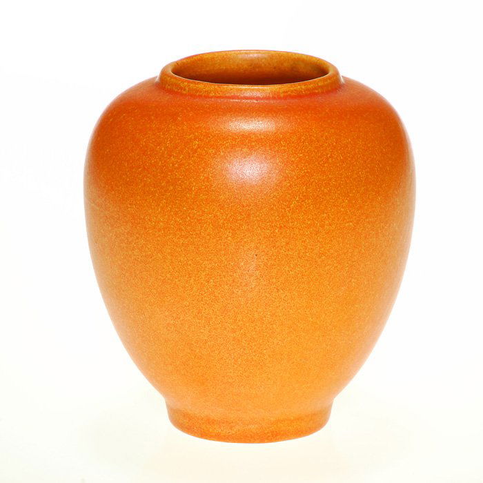 Auburn Uranium glaze vase, 4”: Rare Auburn Pottery (Cincinnati) 4 inch vase covered in an orange speckled Uranium glaze. Impressed with “Auburn” on the bottom. Fantastic glaze and in excellent original condition.