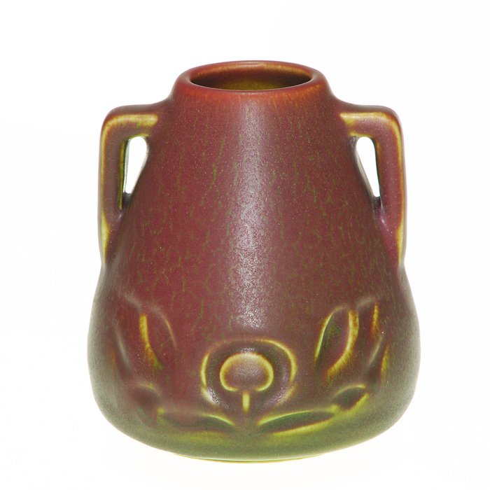 Rookwood mat vase, peacock feathers, 1913, 4 1/4”: Rookwood 4 1/4 inch twin handled production vase with a peacock feather design, cast in 1913 and covered with a rose mat glaze over an olive green mat base. Marks include the Rookwood logo, date and s