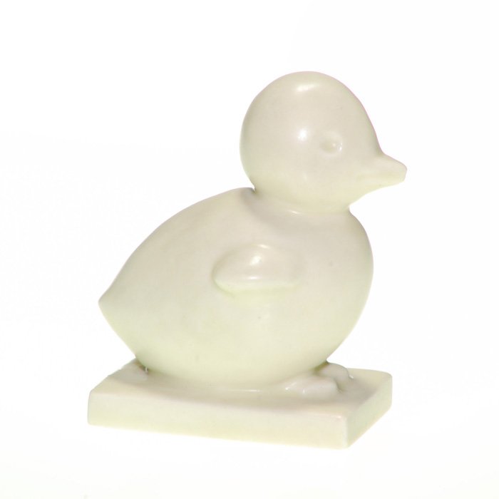 Rookwood 3 1/2” Chick paperweight, Ivory Mat: Rookwood Chick paperweight, designed by Louise Abel, cast in 1934 and covered with the Ivory Mat glaze. Impressed with the Rookwood logo, date, shape 6169 and Louise Abel’s mold monogram. Height 3 1