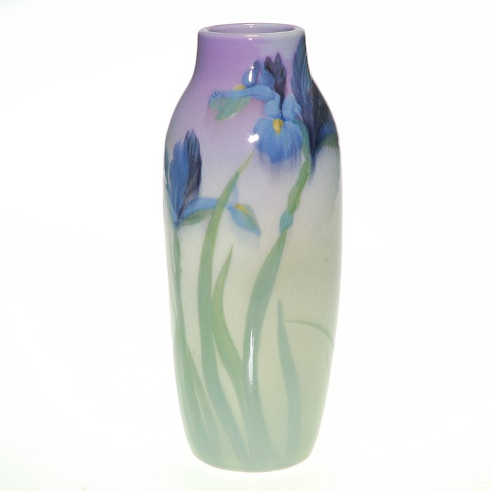Rookwood Iris vase, irises, Fechheimer, 1902, 8 5/8”: Iris glaze vase with striking Japanese irises painted in 1902 by Rose Fechheimer. Two fully opened flowers with yellow beards and blue leaves contrast nicely with the mauve ground. Marks include the R