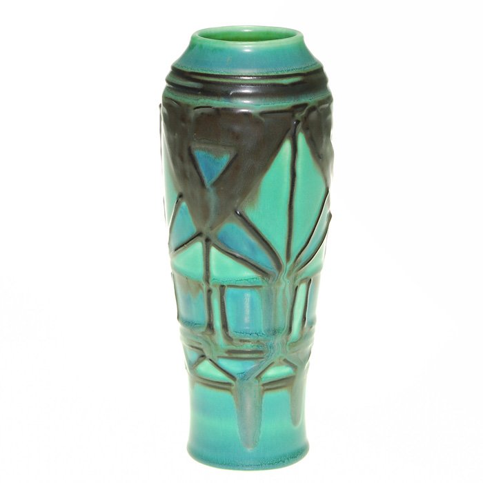 Rookwood vase, Barrett, 1929, 7 1/2”, 2040 E: Rookwood Mat glaze vase, decorated with a geometric design applied with a squeeze bag using dark slip and then colored with blue and green glazes, by Elizabeth Barrett in 1929. Height is 7 1/2 inches.