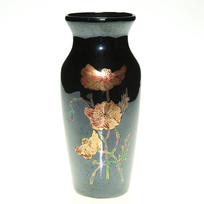 Camark luster vase, Lessell attrib, poppies, 8 3/4”: Camark Pottery luster vase with red and gold poppy design front and back possibly the work of John Lessell set against a triple dark chocolate backdrop. Height 8 3/4 inches. Small glaze nicks on the r